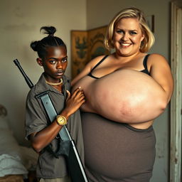 In a poor room, a very short and malnourished 20-year-old African woman with deep black skin and an angry expression is depicted