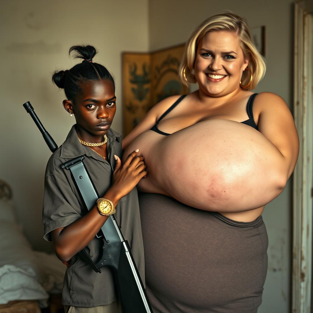 In a poor room, a very short and malnourished 20-year-old African woman with deep black skin and an angry expression is depicted