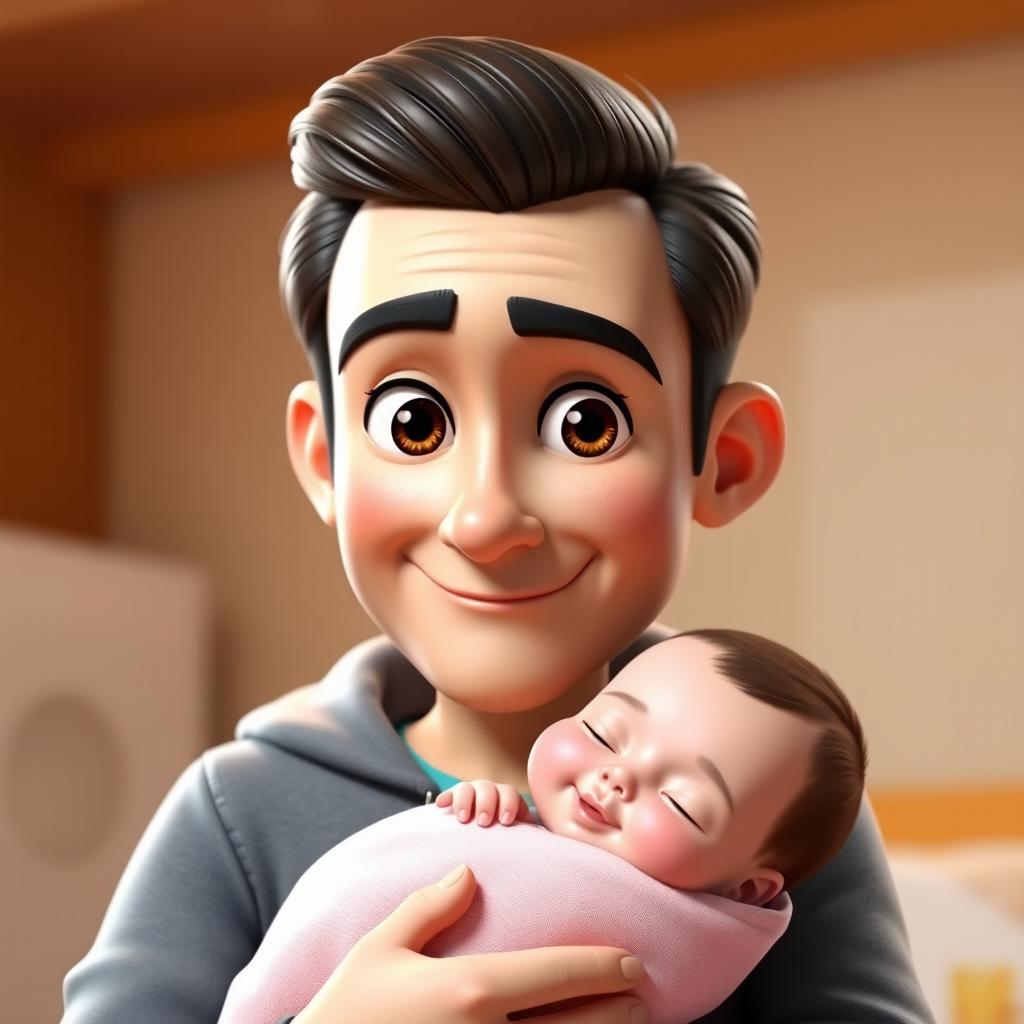 A highly detailed and humorous 3D Pixar-style cartoon scene featuring a 30-year-old man with slicked-back hair, holding a newborn baby boy