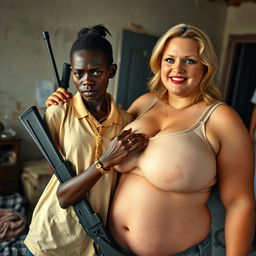 In a poor room, a very short and malnourished 20-year-old African woman with deep black skin and an angry expression is depicted