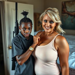 In a poor room, a very short and malnourished 20-year-old African woman with deep black skin and an angry expression is depicted