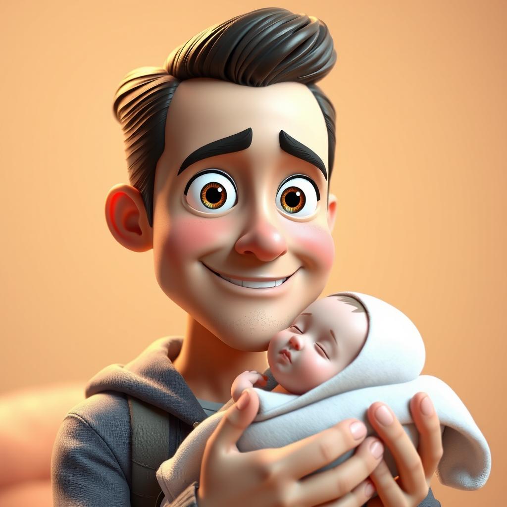 A highly detailed and humorous 3D cartoon scene featuring a 30-year-old man with slicked-back hair, holding a newborn baby boy