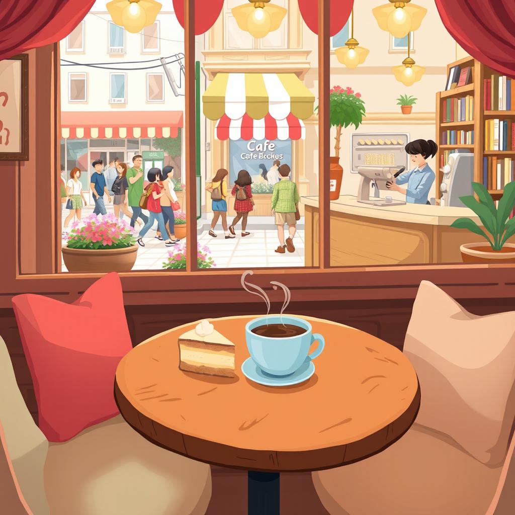 A whimsical and charming illustration of a cozy café scene, with a round wooden table topped with a steaming cup of coffee and a slice of cake