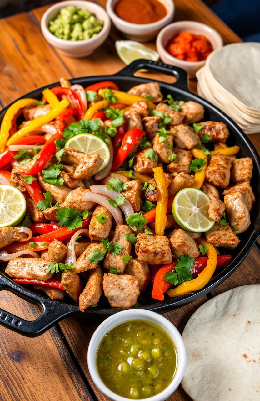 A beautifully arranged platter of sizzling fajitas, featuring vibrant, colorful bell peppers and onions, with perfectly grilled strips of marinated chicken and beef, garnished with fresh cilantro and lime wedges