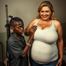 In a poor room, a very short and malnourished 20-year-old African woman with deep black skin and an angry expression is depicted