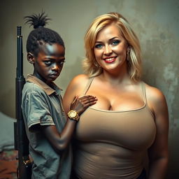 In a poor room, a very short and malnourished 20-year-old African woman with deep black skin and an angry expression is depicted