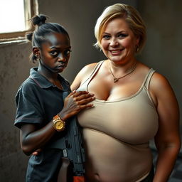 In a poor room, a very short and malnourished 20-year-old African woman with deep black skin and an angry expression is portrayed