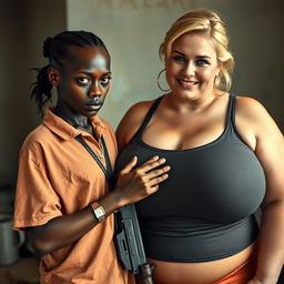 In a poor room, a very short and malnourished 20-year-old African woman with deep black skin and an angry expression is portrayed