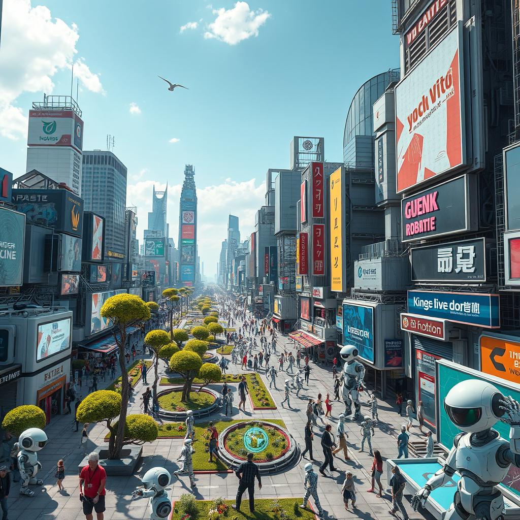 A vibrant futuristic city inhabited entirely by robots, showcasing various types of robots engaged in different activities like working, socializing, and exploring
