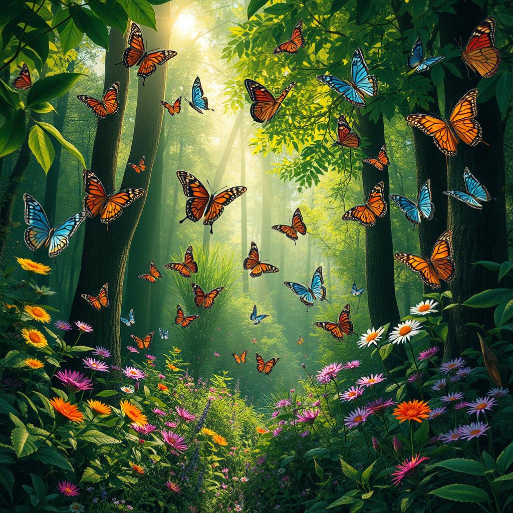 A lush forest filled with vibrant greenery, colorful flowers, and a spectrum of butterflies fluttering around