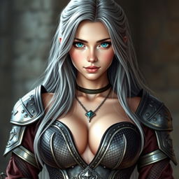 A beautiful European cleric girl with bright turquoise eyes and long ash grey hair, depicted with a kind caring expression on her diamond-shaped face