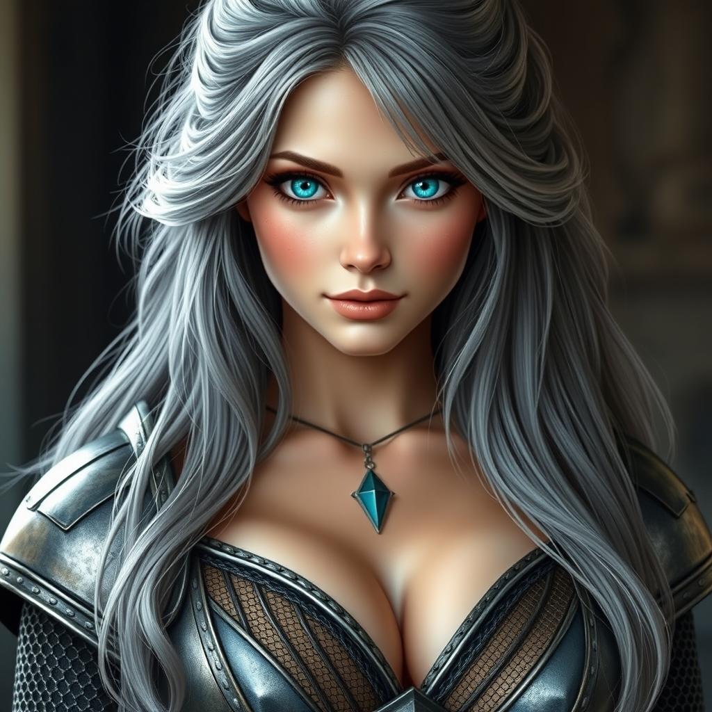 A beautiful European cleric girl with bright turquoise eyes and long ash grey hair, depicted with a kind caring expression on her diamond-shaped face