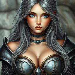 A beautiful European cleric girl with bright turquoise eyes and long ash grey hair, depicted with a kind caring expression on her diamond-shaped face
