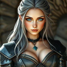 A beautiful European cleric girl with bright turquoise eyes and long ash grey hair, depicted with a kind caring expression on her diamond-shaped face