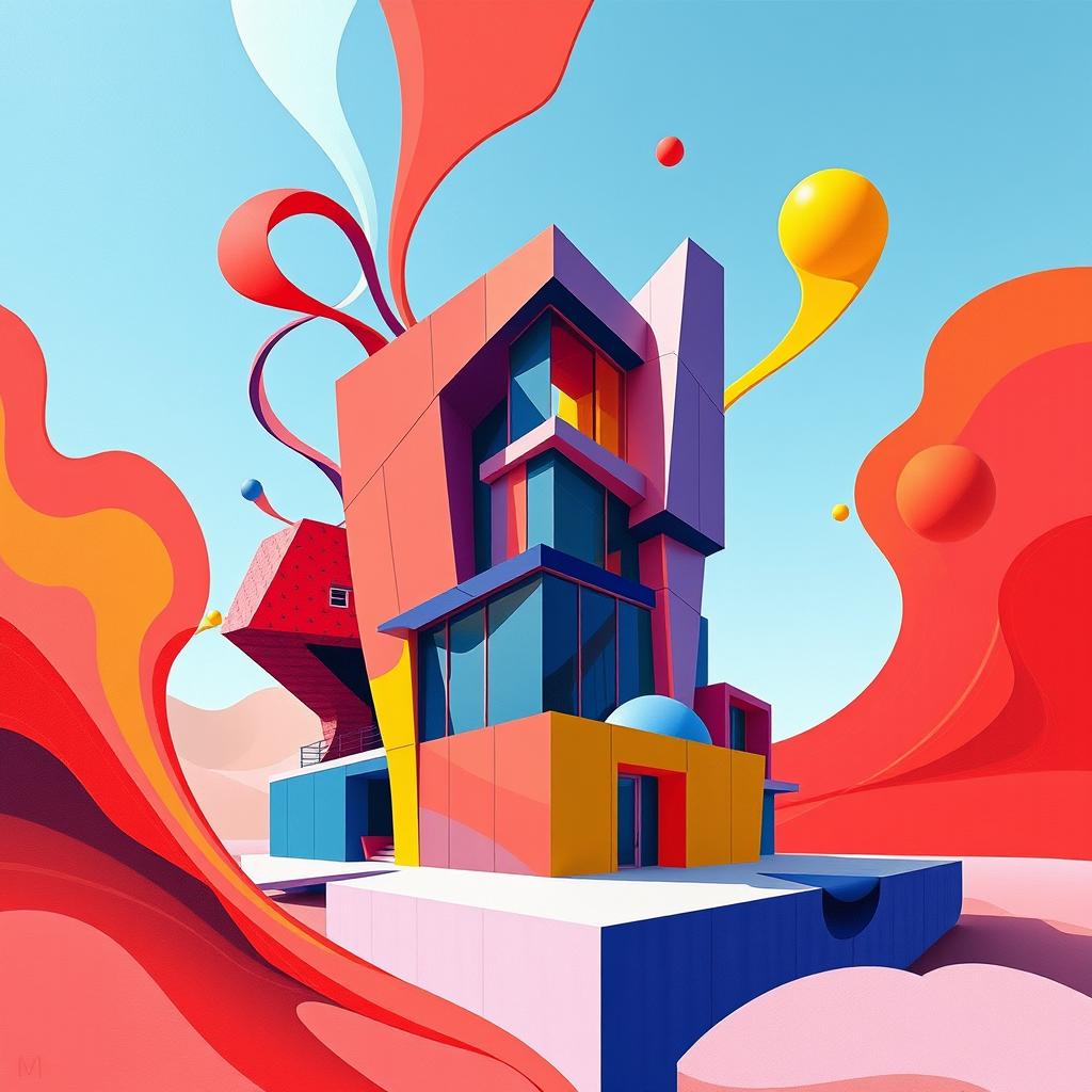 An abstract representation of a modern building, featuring geometric shapes and vibrant colors