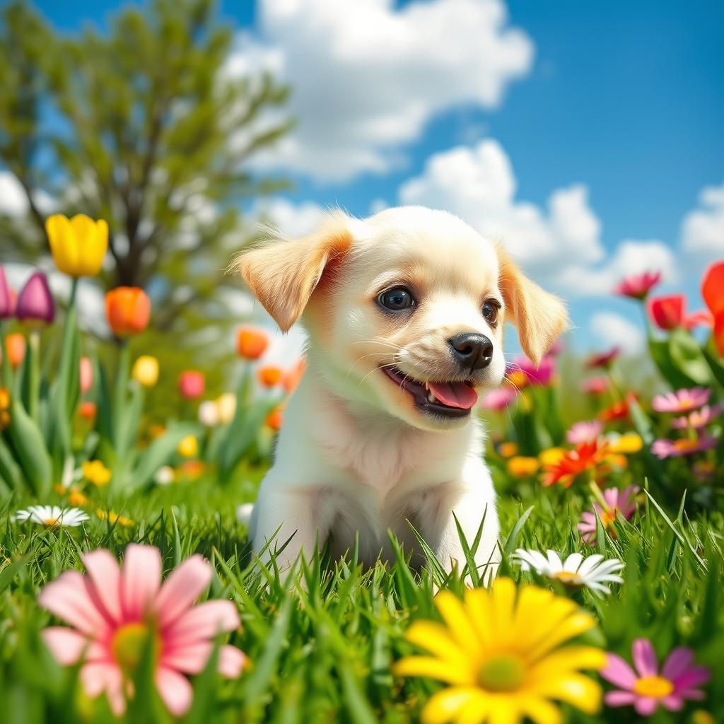 A cute, playful puppy with big, expressive eyes and soft fur, sitting in a sunny garden surrounded by colorful flowers