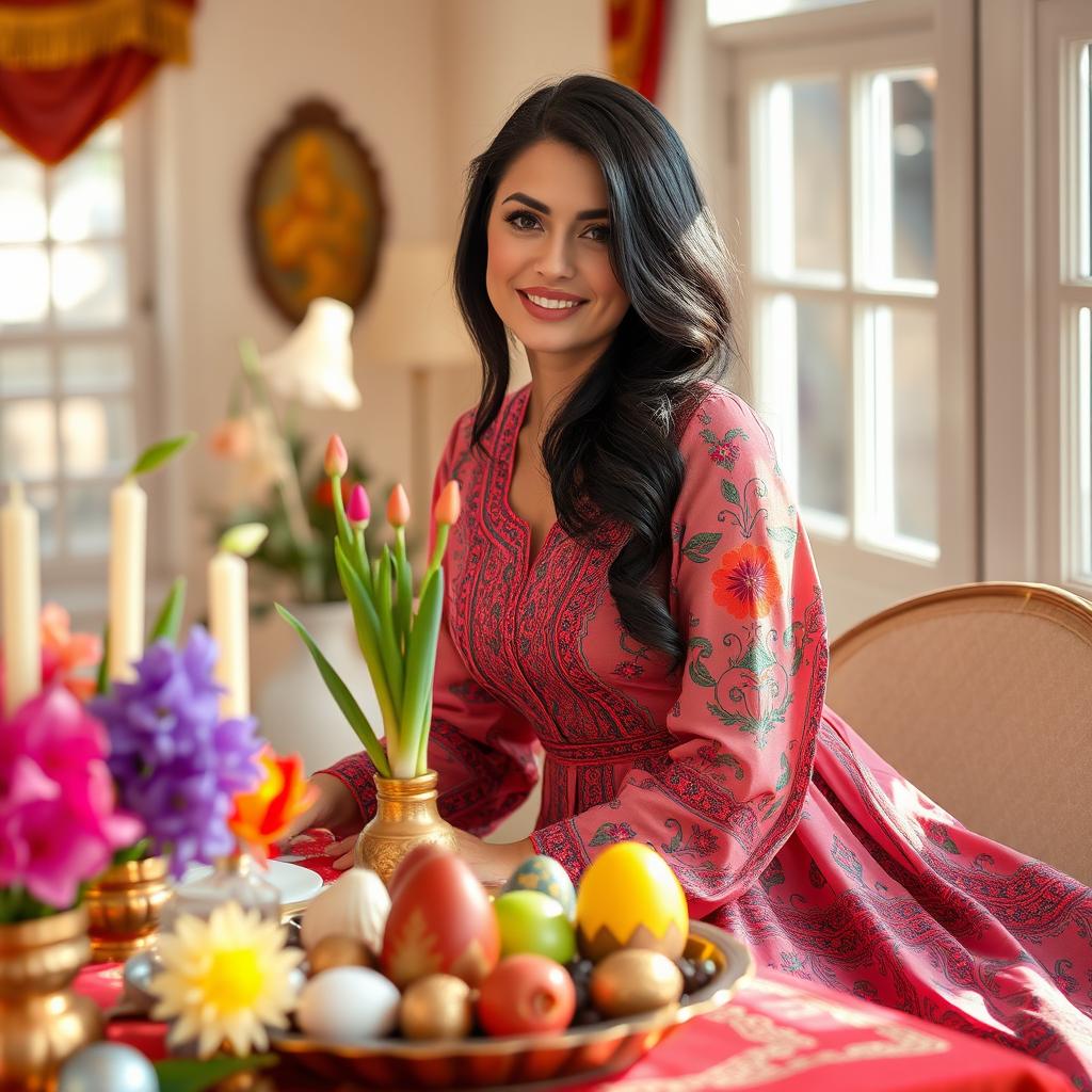 A beautiful woman with black hair gracefully sitting beside a traditional Haft-Seen table, elegantly decorated for Nowruz