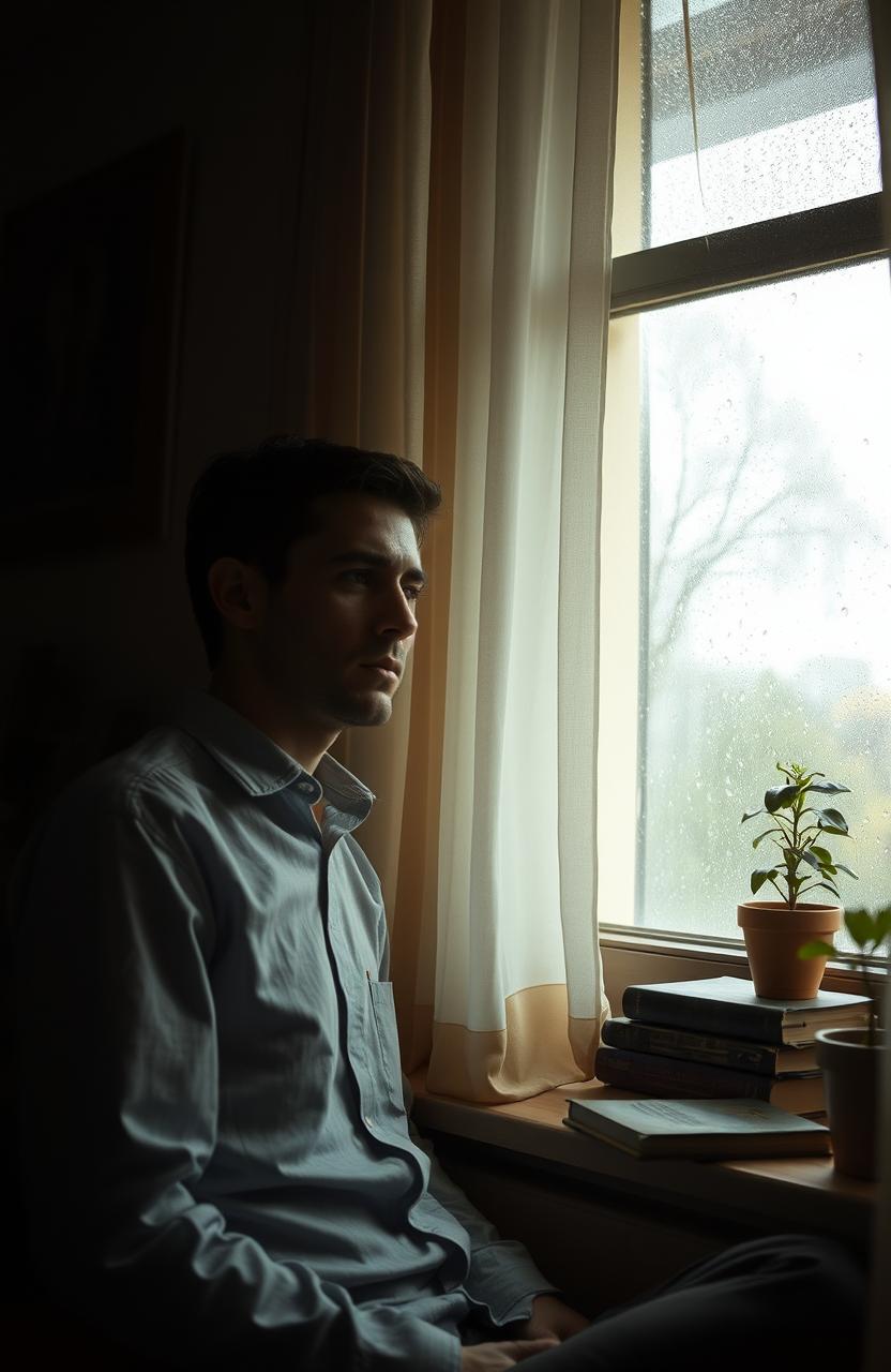 A melancholic scene featuring a man sitting alone by a window, lost in thought