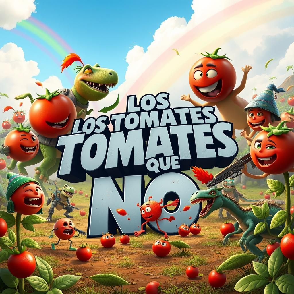 An epic Pixar-style movie poster depicting a whimsical battle between anthropomorphic tomatoes, each uniquely charactered with fun facial expressions and detailed costumes