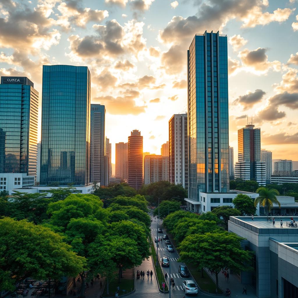A vibrant skyline of Curitiba, Brazil, featuring tall skyscrapers in various architectural styles, showcasing a modern urban landscape