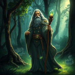 A mystical depiction of Merlin, the legendary wizard from Arthurian legends, standing in a lush green forest