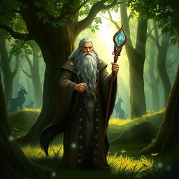 A mystical depiction of Merlin, the legendary wizard from Arthurian legends, standing in a lush green forest