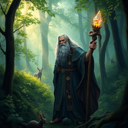 A mystical depiction of Merlin, the legendary wizard from Arthurian legends, standing in a lush green forest