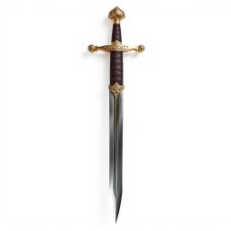 A stunning sword displayed with its tip pointing downwards against a pristine white background