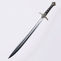 A stunning sword displayed with its tip pointing downwards against a pristine white background