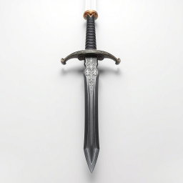 A stunning sword displayed with its tip pointing downwards against a pristine white background