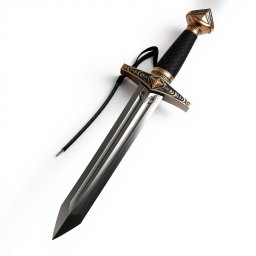 A stunning sword displayed with its tip pointing downwards against a pristine white background