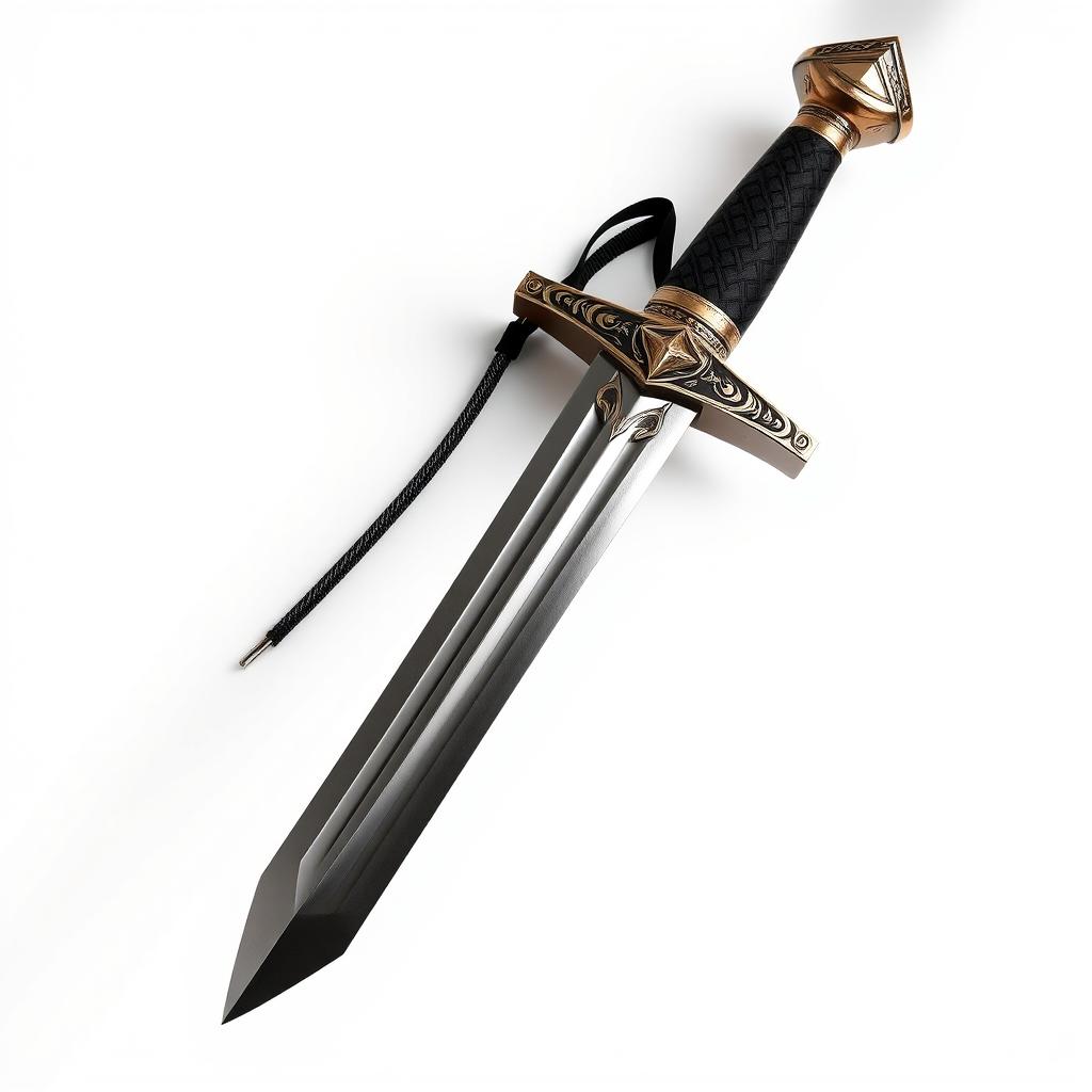 A stunning sword displayed with its tip pointing downwards against a pristine white background