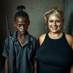 In a poor room, a young African black woman, who is short and appears malnourished, aged 20, with very dark skin and a fierce angry expression