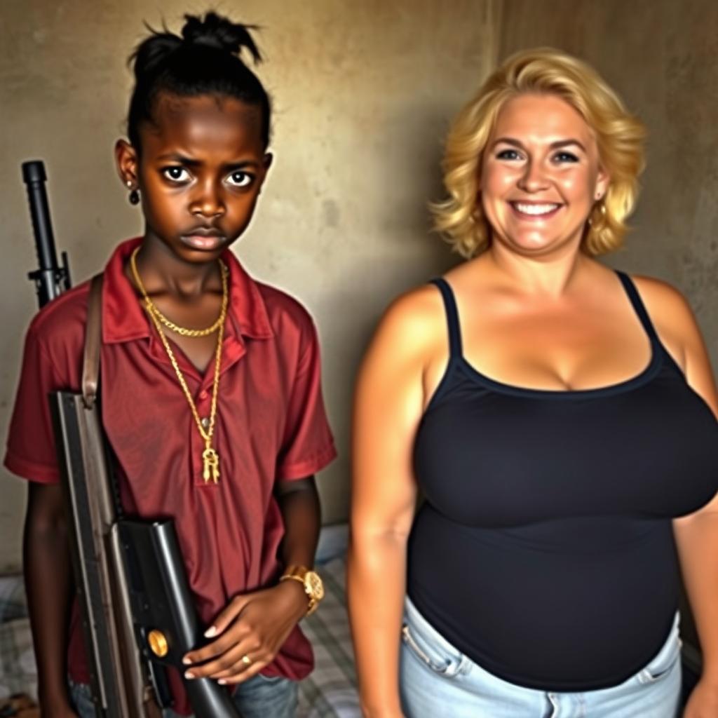 In a poor room, a young African black woman, who is short and appears malnourished, aged 20, with very dark skin and a fierce angry expression