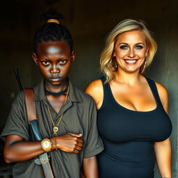 In a poor room, a young African black woman, who is short and appears malnourished, aged 20, with very dark skin and a fierce angry expression