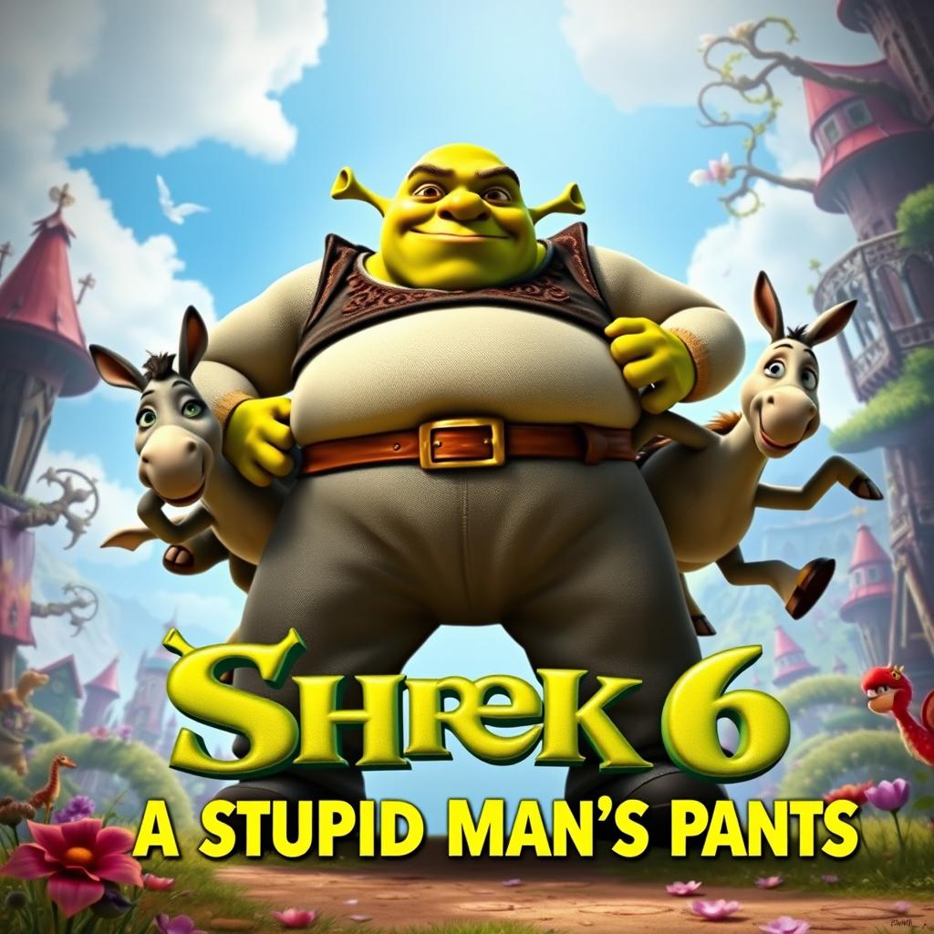 An epic Pixar-style movie poster for the hypothetical movie 'Shrek 6: A Stupid Man's Pants'