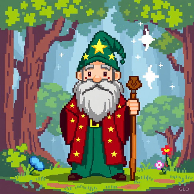 A pixel art representation of Merlin, the iconic wizard from Arthurian legends, in a 32x32 pixel format