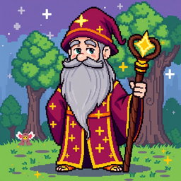 A pixel art representation of Merlin, the iconic wizard from Arthurian legends, in a 32x32 pixel format
