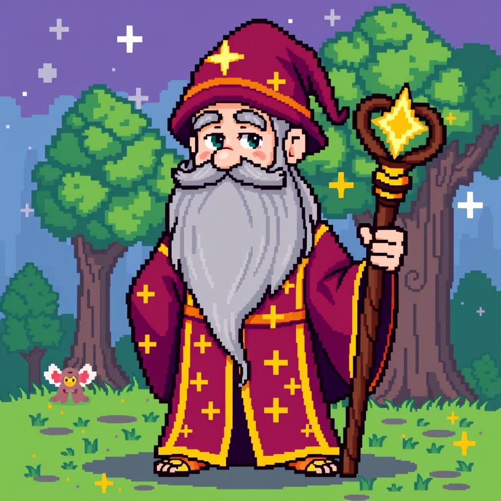 A pixel art representation of Merlin, the iconic wizard from Arthurian legends, in a 32x32 pixel format