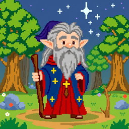 A pixel art representation of Merlin, the iconic wizard from Arthurian legends, in a 32x32 pixel format