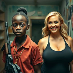 In a rundown room, a young African black woman, notably short and appearing malnourished at the age of 20, with very dark skin and an angry expression on her face