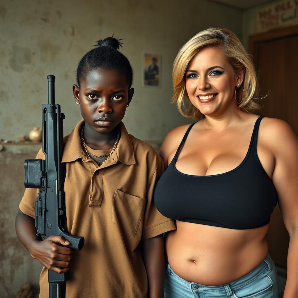 In a rundown room, a young African black woman, notably short and appearing malnourished at the age of 20, with very dark skin and an angry expression on her face