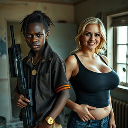 In a rundown room, a young African black woman, notably short and appearing malnourished at the age of 20, with very dark skin and an angry expression on her face