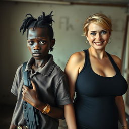 In a dilapidated room, a young African black woman, notably short and malnourished at age 20, with very dark skin and an expression of anger on her face