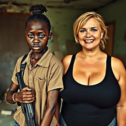 In a dilapidated room, a young African black woman, notably short and malnourished at age 20, with very dark skin and an expression of anger on her face