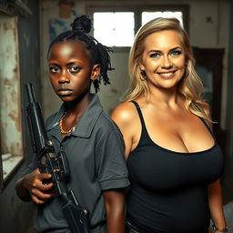 In a dilapidated room, a young African black woman, notably short and malnourished at age 20, with very dark skin and an expression of anger on her face