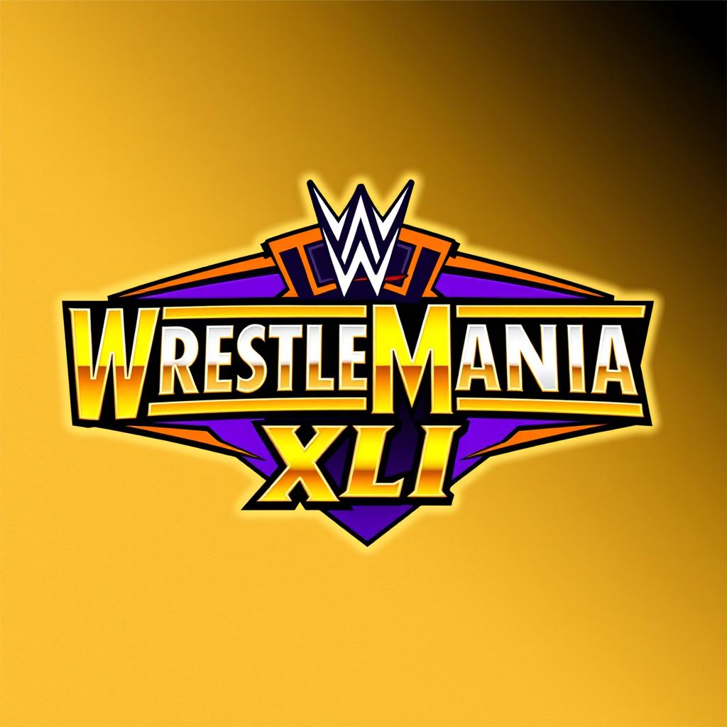 A graphic design of the WrestleMania XLI logo, featuring bold, dynamic typography and an energetic color scheme primarily using purple and gold