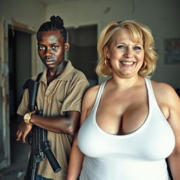 In a run-down room, a young African black woman, notably short and malnourished at 20 years old, with very dark skin and an expression full of anger