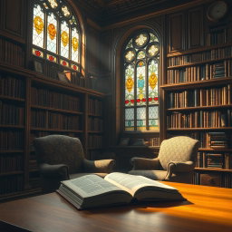 A serene, atmospheric depiction of a classic library setting, rich wood paneling, overflowing bookshelves filled with ancient tomes, and a warm golden light filtering through large stained glass windows, casting colorful shadows