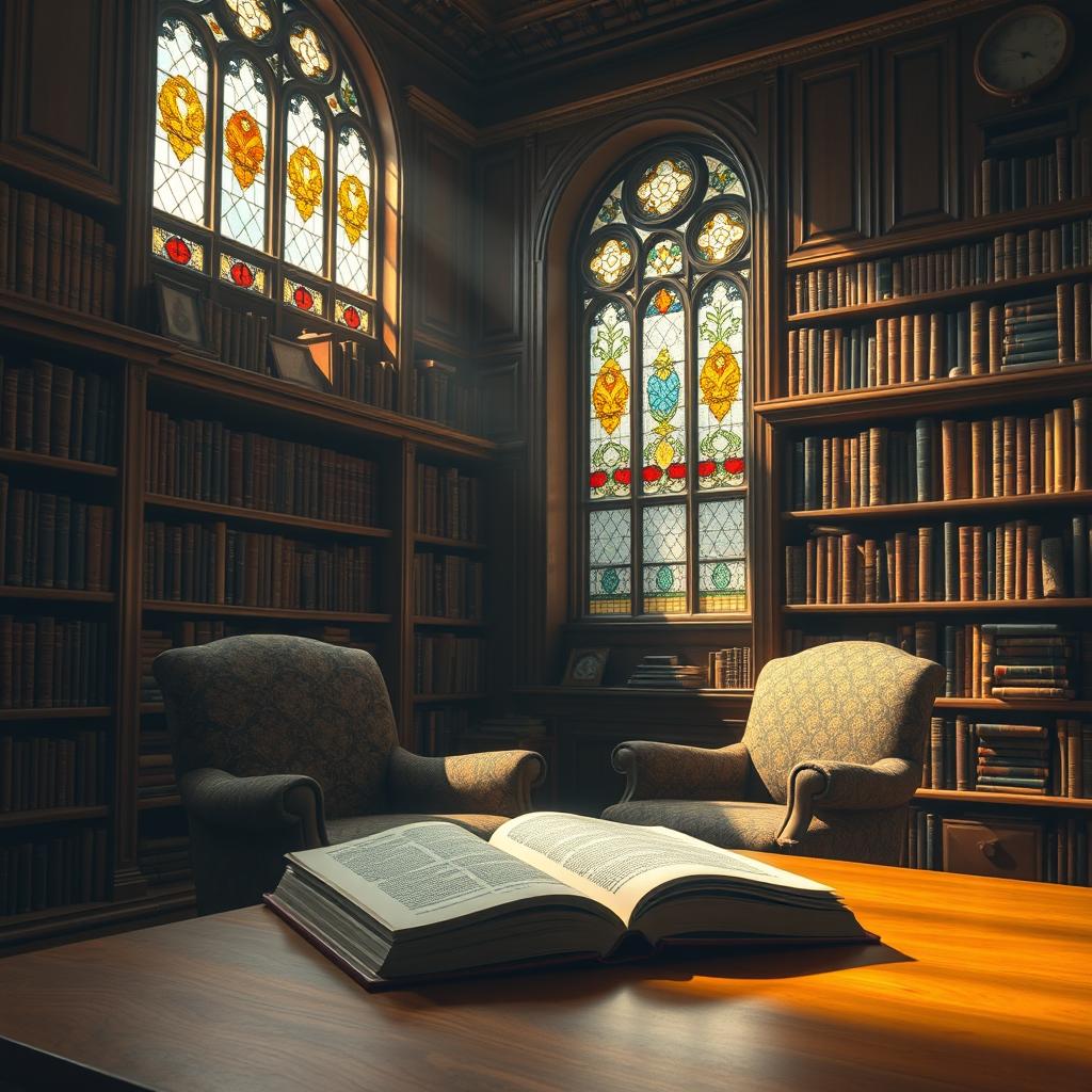 A serene, atmospheric depiction of a classic library setting, rich wood paneling, overflowing bookshelves filled with ancient tomes, and a warm golden light filtering through large stained glass windows, casting colorful shadows